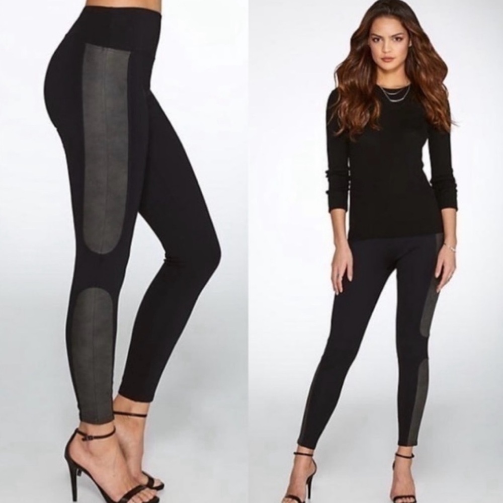 Spanx Black vegan leather panels high rise Ponte Leggings, size XS tummy control